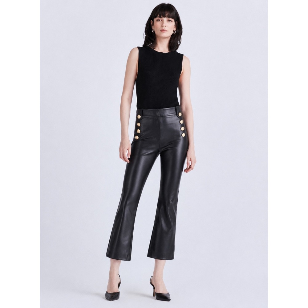 Derek Lam 10 Crosby Black Faux Leather Sailor Flare Pants Gold Buttons Size 2